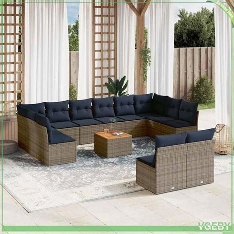 Salon de jardin - FAF7291712422126 - 13 pcs résine tressée gris - coussins bleu marine déhoussables - rangement sous assise anti-UV (1/5)