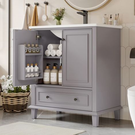 Stand-Waschtisch mit integriertem Waschbecken, zwei Türen und einer Schublade, Badezimmerschrank, graue Säule