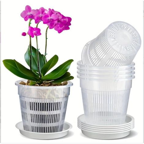 (140 mm) 5 pots à orchidées en plastique transparent, pots à orchidées en plastique blanc avec trous de drainage et plateaux, adaptés à la culture de plantes en pot dans le jardin (1/5)