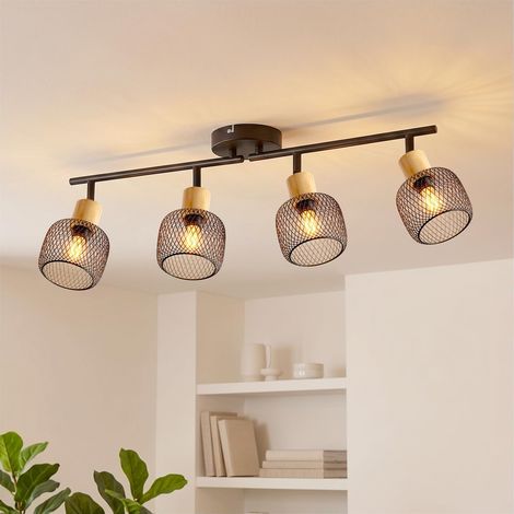 Plafonnier LED 4 Spots Noir et Bois, E14 Spots de Plafond Orientables 350° avec Abat-jour en Cage Métallique, Luminaire Industriel Vintage pour Salon, Cuisine, Couloir (Sans Ampoules) (1/5)