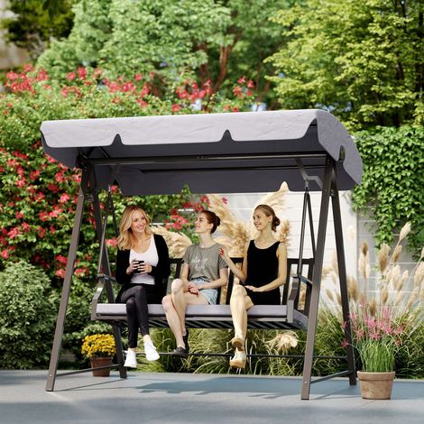 Columpio de Jardín de 3 Plazas con Toldo Ajustable Cojín y Estructura de Acero Carga 360 kg 205x133x181 cm Gris (1/5)