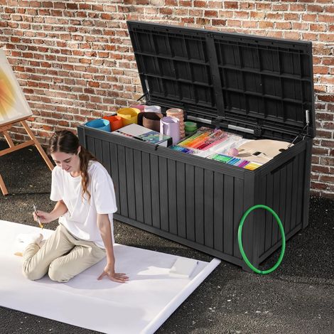 Boîte de rangement extra large de 680 L en résine imperméable avec séparateur amovible, rangement extérieur pour meubles de jardin, outils et accessoires de piscine, noir (1/5)