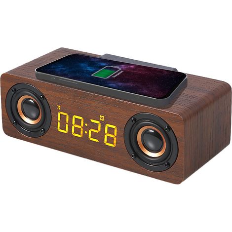 Réveil Bluetooth Bois avec Radio FM, Chargeur sans Fil, Port USB, Luminosité Réglable, Affichage LED
