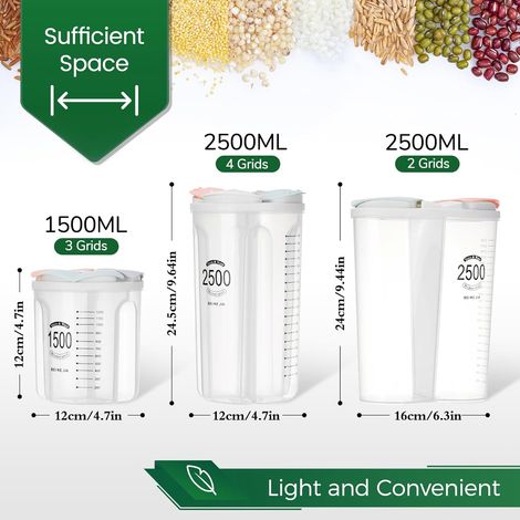 Contenitore ermetico con capacità di 2,5 l, 3 scomparti, capacità 1500 ml, adatto per conservare fagioli, noci, farina, ecc., disponibile in vari colori. (1/4)