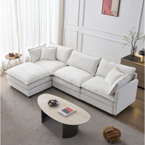 Canapé d’angle 3 places beige en chenille avec méridienne modulaire et pouf (1/5)