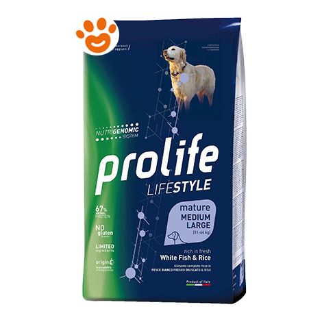 Prolife Dog Lifestyle Mature Adult Medium Large Pesce Bianco e Riso  - Prolife Dog Lifestyle Mature Adult Medium Large Pesce Bianco e Riso - Sacco Da 12 Kg (1/2)