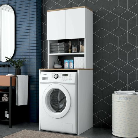 Dmora - Armario multiusos 2 puertas Bellona, Muebles multifuncionales, Zapatero, Armario para zapatos, 65x60h184 cm, Blanco y Nogal, con embalaje reforzado (1/5)