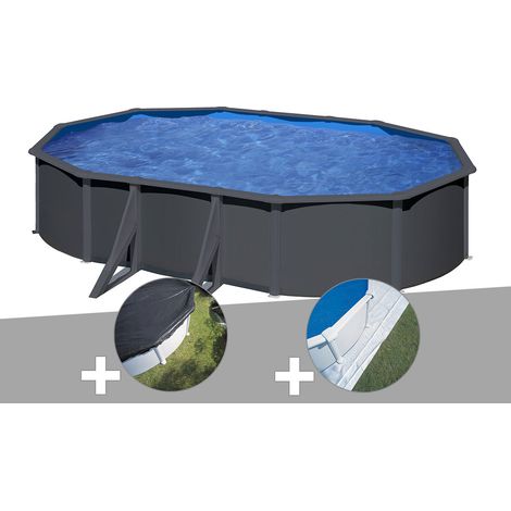 Kit piscine acier gris anthracite Gré Louko ovale 5,27 x 3,27 x 1,22 m + Bâche d'hivernage + Tapis de sol