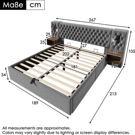 Ensemble literie chambre, sommier hydraulique capitonné gris velours avec rangement, lit 180x200 cm, 2 tables de nuit, tête de lit éclairée avec lampe et port USB, gris (sans matelas)