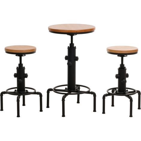 Set table de bar + 2x tabourets de bar HHG-970, chaise de bar table haute réglable en hauteur pivotante repose-pieds fer industriel bois, naturel