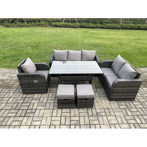 Fimous 8 Seater Rattan Garden Furniture Set with Patio Sofa Rectangular Dining Table 2 Small Footstools Indoor Conservatory Patio Set