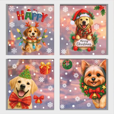 Décorations de fenêtre de chambre mignonnes pour Noël, motif dessin animé, flocons de neige et chien mignon - [Quatre ensembles] 619+620+622+623 -