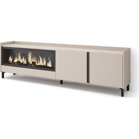 Skraut Home - Mobile TV Soggiorno, Ampio spazio a disposizione, 212x35x61cm, Per TV fino a 80", Camino elettrico XXL, Design industriale, Stile moderno, Beige (1/5)