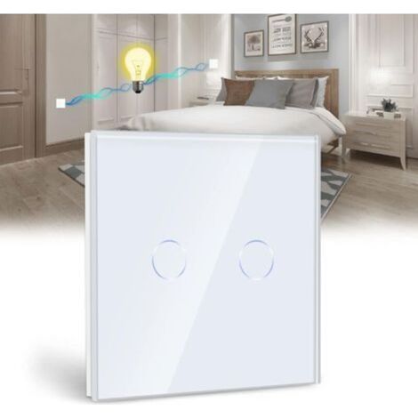 Interrupteur Tactile va et vient,Blanc 2 Gang 2 Voie Commutateur de Lumière avec LED Affichage Light,Interrupteur Tactile avec Capteur Tactile Panneau Verre Cristal-Pas de fil Neutre