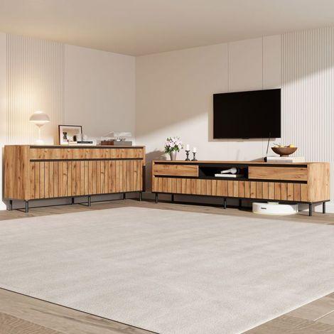 Meuble TV 2 éléments 160 x 40 x 73 cm 180 x 40 x 52 cm compatible téléviseur 75 pouces aspect bois naturel accents noirs (1/5)