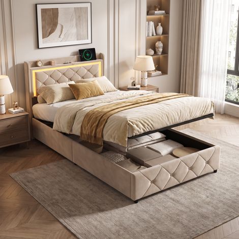 Superaly Lit Double Capitonné 90x200cm, Rangement Barométrique, Lête de Lit avec Cloisons de Rangement, éclairage LED réglable, Port USB, Sommier à Lattes, Lit Adulte de Style Moderne, Velours, Beige (1/5)