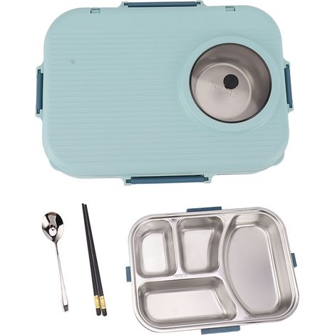 Bento-Box mit 4 Fächern, 1200 ml, Edelstahl 304, isoliert, inklusive Suppenschüssel, Deckel, Löffel und Essstäbchen, ideal für Schüler, Büroangestellte und Studenten, blau (1/5)