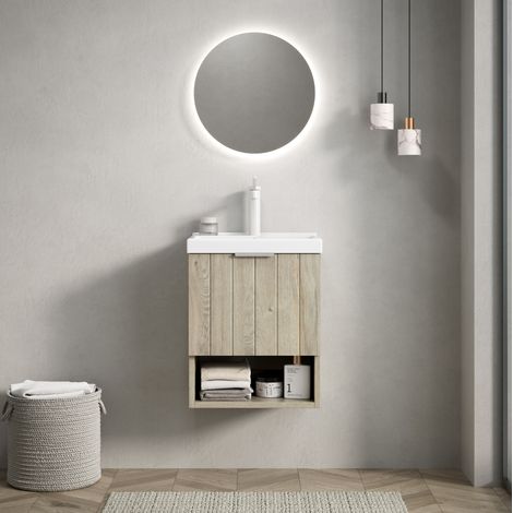 Waschbeckenunterschrank hängend modern mit Keramikwaschbecken, 2 Türen und offenem Regal, Weiß und Eiche creme, 42 cm (1/5)