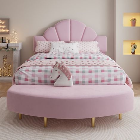 Lit enfant-Lit rembourré velours avec tête de lit et banc-Bord mousse anti-collision-149,5x240,5x109,5cm-Sans Matelas (1/5)