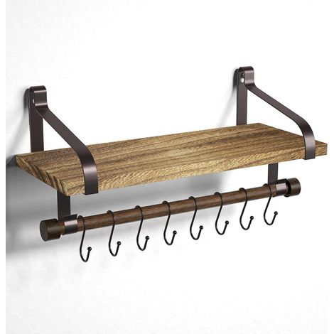 Étagère murale flottante rustique en bois, idéale pour ranger vos épices de cuisine, avec porte-serviettes et 8 crochets amovibles pour organiser ustensiles de cuisine ou tasses. Finition noir/brun br (1/5)