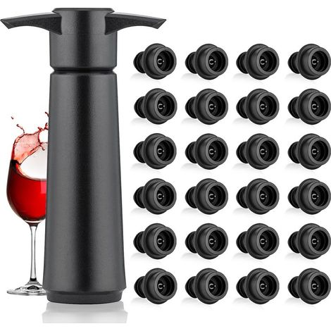 Kit pompe à vide pour vin avec 24 bouchons de bouteille, bouchons sans air, pompe + 24 bouchons, noir.
