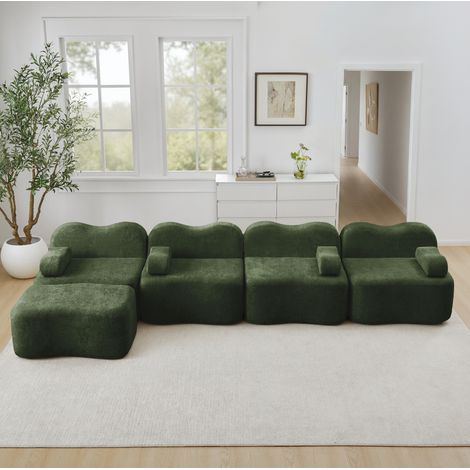 Divano modulare angolare 384x167x70 cm verde in velluto con pouf, struttura senza telaio e seduta profonda (1/5)