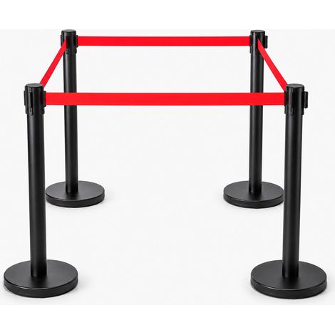 Relaxdays Personenleitsystem Absperrständer, 4er Set, Absperrpfosten, 3m Zugband, HxD: 90x31 cm, Edelstahl, schwarz-rot