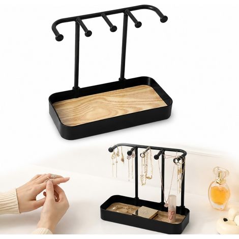 Support a bijoux en metal noir avec plateau en bois, range colliers bagues et bracelets (1/5)