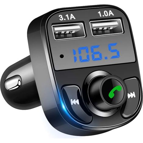 Transmisor FM Bluetooth para coche, cargador USB dual, reproductor MP3 manos libres inalámbrico con doble USB 5 V/4,1 A 3,1 A, compatible con tarjeta SD/TF y disco U. (1/5)