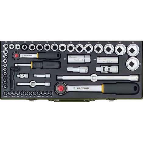 Proxxon – Coffret cliquet et douilles 56 pièces – Acier chrome-vanadium – Cliquet 1/4" et 1/2" avec mécanisme de déverrouillage – Boîtier en acier résistant (1/5)