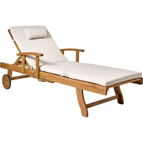 Sun Lounger with Cushion JAVA PREMIUM Acacia Wood Light Beige (1/5)