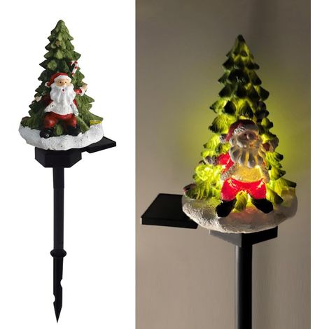 LED solaire Père Noël et arbre lampe de sol, Noël atmosphère extérieure décoration résine lumière, mignonne personnes âgées et arbre cour lumières chaudes. (1/4)