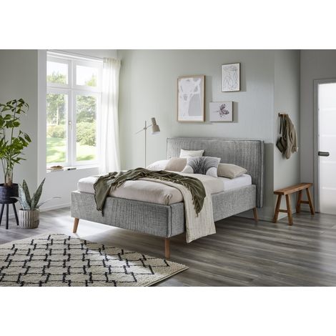 Meise Möbel Polsterbett Riva 140x200 cm Doppelbett Bettgestell Kopfteil mit Keder Webstoff Mausgrau Holzfuß eichefarbig (1/5)
