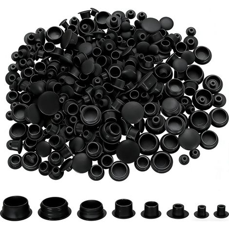 450 x Plastic Hole Covers, Furniture Hole Covers, Screw Covers, Plastic Hole Plugs for Furniture, Kitchen Cupboards, Shelves, Cupboards, Bookcases (8 Sizes, Black) (1/5)