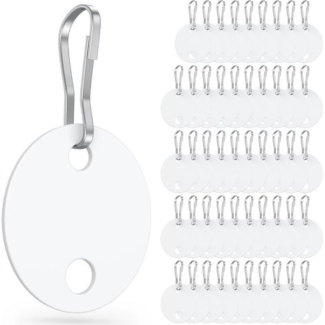 50 llaveros, de plástico de 2,5 cm con mosquetones metálicos, de color blanco, se puede escribir por ambos lados, con marcas resistentes para llaves y objetos, para uso privado y comercial.