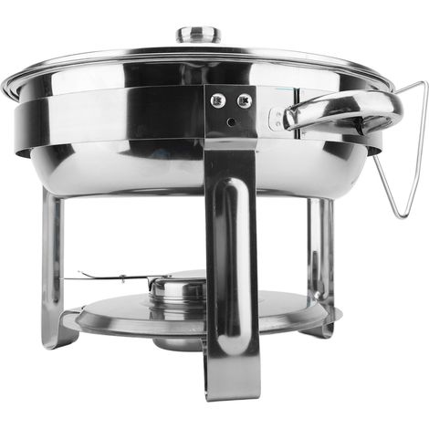 Chauffe-plats rond détachable en acier inoxydable avec couvercle en verre et brûleur à alcool pour événements, fêtes et célébrations, 4,5 L, avec support de suspension. (1/5)