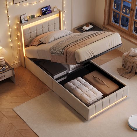 Lit simple avec coffre 90x190 cm, Lit avec rangement et sommier, Éclairage LED RVB, Ports USB/Type-C, Tissu Lin Moderne, Beige