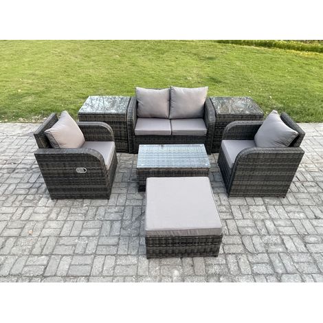 Fimous Wicker PE Rattan Outdoor Möbel Set Garten Liebe Sofa Couchtisch 2 Sessel 2 Beistelltische Big Foothocker Dunkelgrau Gemischt (1/5)