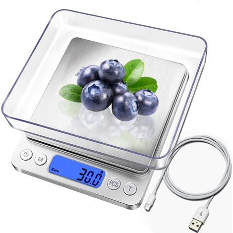 Digitale Küchenwaage, wiederaufladbar über USB, Mini-Lebensmittelwaage 3 kg/0,1 g, elektrische Kochwaage, wiederaufladbar über USB, wasserdichte Digitalwaage, LCD-Display, Edelstahl, für Zutaten, Schm
