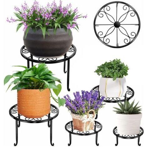 Lot de 5 Support pour pot de fleurs, Étagère Plantes Intérieur ou Extérieur Porte-Pots de Fleurs en Fer pour l'intérieur, Résistant à la Rouille (Noir) (1/3)