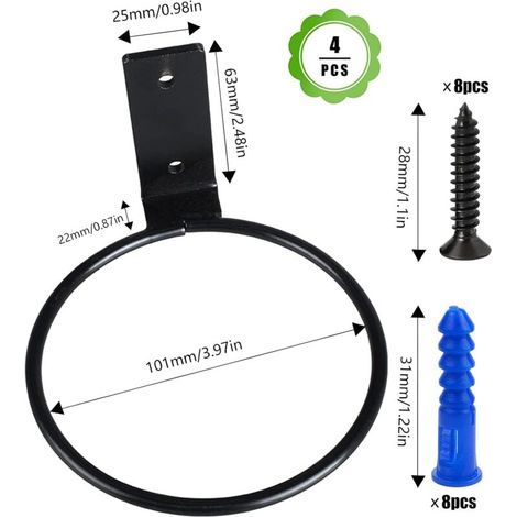 4 PCS Supports Muraux pour Pot de Fleurs, Support Jardinière Metal\u200bavec Vis Porte Pot de Fleur Anneau, pour Pots de Fleurs pour Terrasse, Balcon und Jardin (Noir) (1/5)