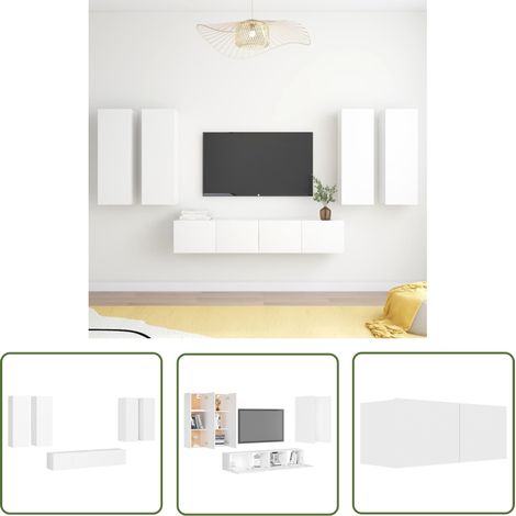 The Living Store Ensemble de meubles TV 6 pcs Blanc Bois d'ingénierie - Meuble Tv Suspendu - Meuble Tv Blanc - Ensemble Meuble Tv - Rangement Mural - Armoire Hifi (1/5)