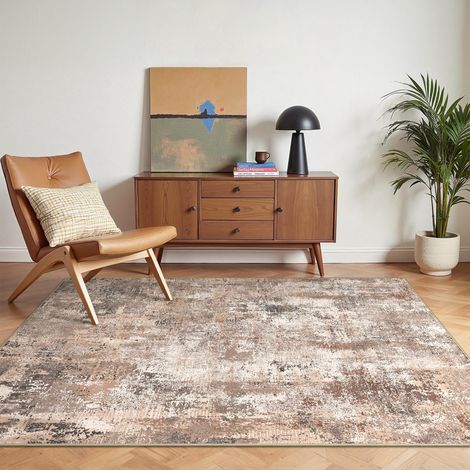 Tapis Salon Résumé 120x170cm Lavable en Machine Rug AntidéRapant Poil Ras, pour Chambre Salle a Manger Descente de Lit Bureau, Cuisine, Brun et Crème (1/5)