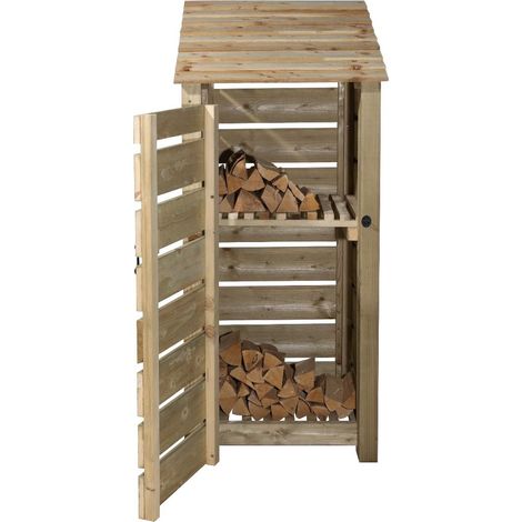 Wooden log store, Slatted timber storage with door and kindling shelf (W-79cm, H-180cm, D-88cm) natural finish (1/4)