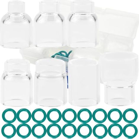 27 pièces pour Tig consommables de soudage 4 12 tasse en verre pour TIG torche de soudage SR WP-9/17/18/20/25/26 avec 7 tasses en verre, 20 joints toriques, 1 étui d'accessoires (1/5)