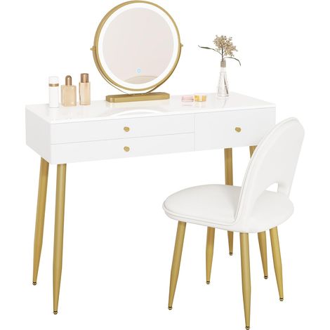 WOLTU Toeletta da Trucco con Sgabello e Specchio LED. Postazione Make Up con Luci Regolabili. 3 Cassetti. Sedia in Velluto con Schienale. in Legno e Metallo. Bianco + Crema + Oro (1/5)