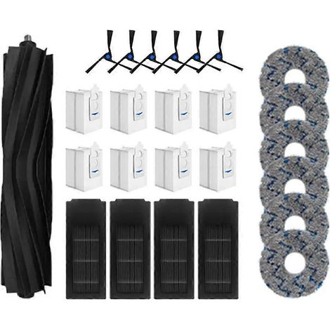 Accessoires pour aspirateur robot Ecovacs Deebot X2 Omni / X2 Pro / X2 : Brosse principale, brosse latérale, filtre HEPA, chiffon de nettoyage et sacs à poussière.