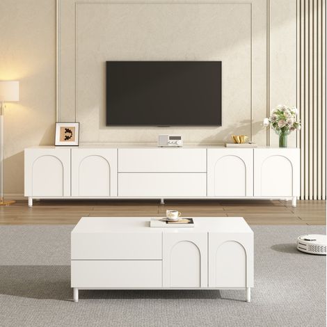 Ensemble meuble TV et table basse 180x40x48 cm + 100x50x39,5 cm, rangements, structure en MDF et panneaux, blanc (1/5)