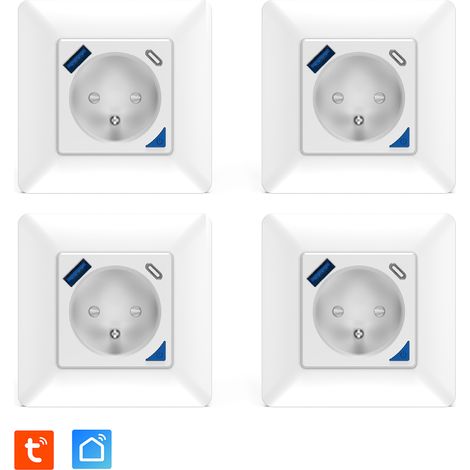 Lot de 4 Prises intérieures encastrées 3000W & Ports USB-A + USB-C (20 W) connectées Wifi + Suivi de consommation + Compatible assistants vocaux (1/5)