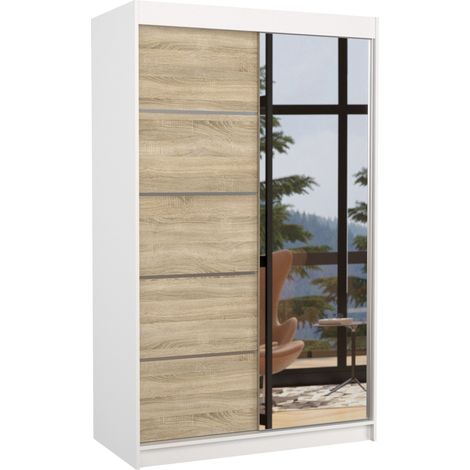 Petite armoire de chambre 2 portes coulissantes bois blanc et naturel avec miroir Noka 120cm (1/5)